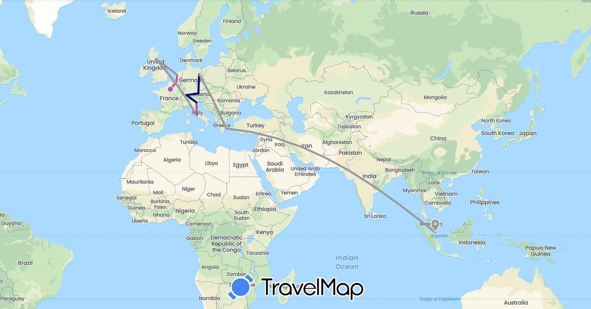 TravelMap itinerary: driving, plane, train in Austria, Belgium, Switzerland, Germany, France, United Kingdom, Greece, Italy, Netherlands, Singapore (Asia, Europe)